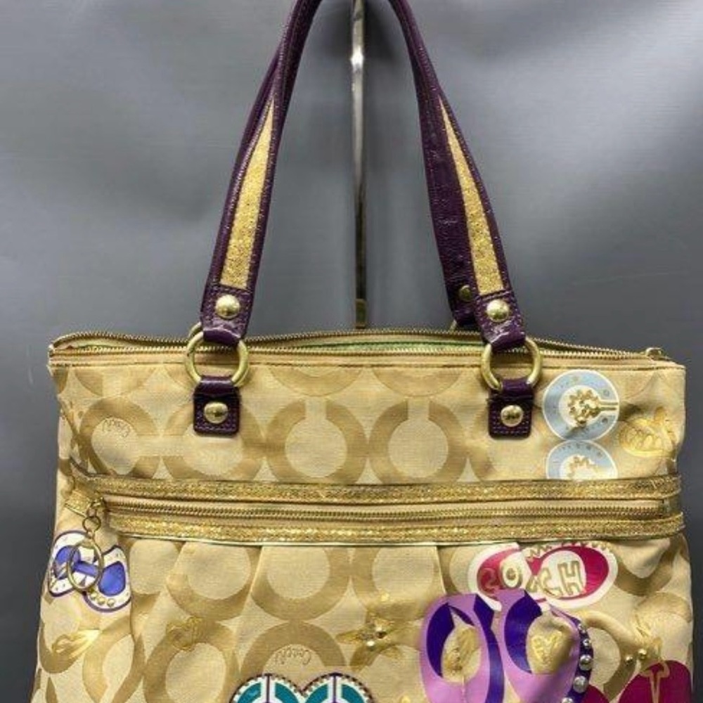 Coach Poppy Tan and Purple Tote with Signature